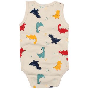 Erkek Bebek Ekru Renkli Dino Baskılı Askılı Zıbın
