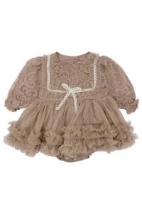 Kız Bebek Kahve Dantelli Tüllü Zıbınlı Elbise