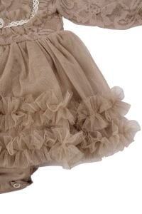Kız Bebek Kahve Dantelli Tüllü Zıbınlı Elbise