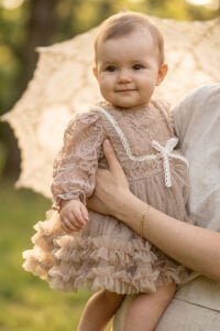 Kız Bebek Kahve Dantelli Tüllü Zıbınlı Elbise