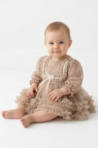 Kız Bebek Kahve Dantelli Tüllü Zıbınlı Elbise