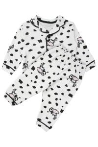 Unisex Ekru Siyah İnek Desenli Kruvaze Yaka Pijama Takımı