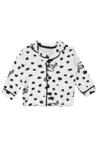 Unisex Ekru Siyah İnek Desenli Kruvaze Yaka Pijama Takımı