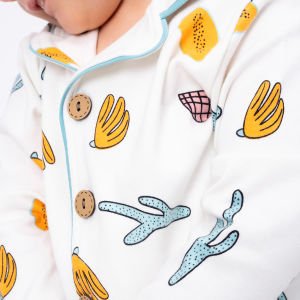 Unisex Ekru Yeşil Turuncu Yaprak Kaktüs Desenli Kruvaze Yaka Pijama Takımı