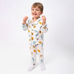 Unisex Ekru Yeşil Turuncu Yaprak Kaktüs Desenli Kruvaze Yaka Pijama Takımı