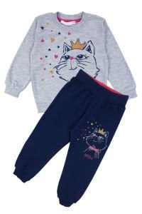 Kız Bebek Gri Laci Kedi Baskılı 2'li Takım