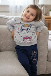 Kız Bebek Gri Laci Kedi Baskılı 2'li Takım