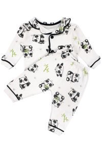 Unisex Ekru Siyah Panda Desenli Kruvaze Yaka Pijama Takımı