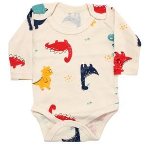 Erkek Bebek Bej Renkli Dino Baskılı Uzun Kollu Zıbın