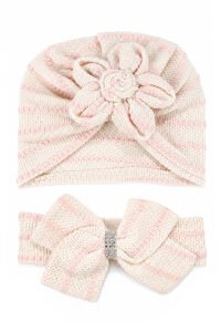 Kız Bebek Pembe Ekru Çizgili Papatyalı Bone Ve Fiyonklu Bandana İkili Set
