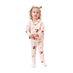 Unisex Somon Sarı Biyeli Kırmızı Ayıcık Desenli Kruvaze Yaka Pijama Takımı