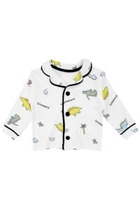 Unisex Ekru Renkli Dinazor Desenli Kruvaze Yaka Pijama Takımı