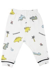 Unisex Ekru Renkli Dinazor Desenli Kruvaze Yaka Pijama Takımı