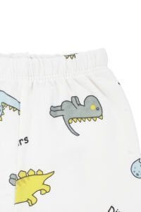 Unisex Ekru Renkli Dinazor Desenli Kruvaze Yaka Pijama Takımı