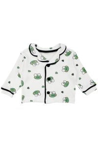 Unisex Ekru Yeşil Kurbağa Desenli Kruvaze Yaka Pijama Takımı