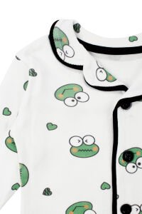 Unisex Ekru Yeşil Kurbağa Desenli Kruvaze Yaka Pijama Takımı