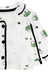 Unisex Ekru Yeşil Kurbağa Desenli Kruvaze Yaka Pijama Takımı