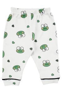 Unisex Ekru Yeşil Kurbağa Desenli Kruvaze Yaka Pijama Takımı