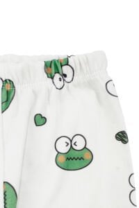 Unisex Ekru Yeşil Kurbağa Desenli Kruvaze Yaka Pijama Takımı