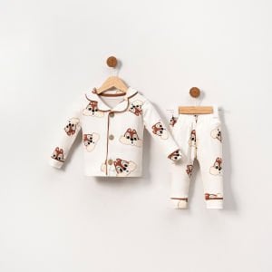Unisex Ekru Kahve Biyeli Sincap Desenli Kruvaze Yaka Pijama Takımı