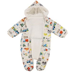 Erkek Bebek Beyaz Renkli Araba Uçak Desenli Çift Fermuarlı İçi Peluş Patikli Kozmonot