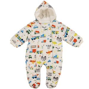 Erkek Bebek Beyaz Renkli Araba Uçak Desenli Çift Fermuarlı İçi Peluş Patikli Kozmonot