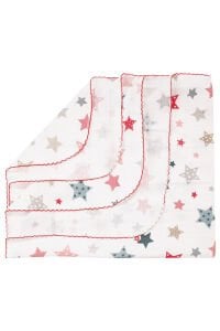 Unisex Ekru Renkli Yıldız Desneli Kırmızı Biyeli Tek Kat Müslin Battaniye
