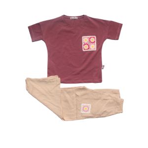 Kız Çocuk Mürdüm Kahve Keten Pantalonlu Papatyalı 2 li Takım
