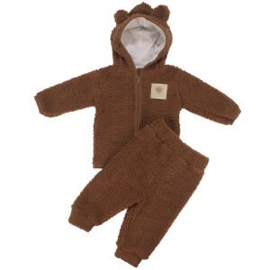 Unisex Kahve Peluş Kulaklı Kapşonlu Hırkalı 2'li Takım