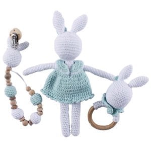 Amigurumi Yeşil Elbiseli Tavşan Diş Kaşıyıcı Emzik Askısı 3'lü Set