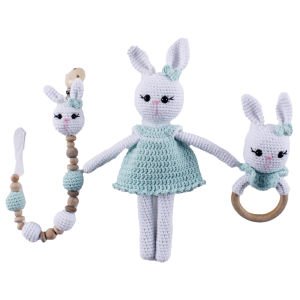Amigurumi Yeşil Elbiseli Tavşan Diş Kaşıyıcı Emzik Askısı 3'lü Set
