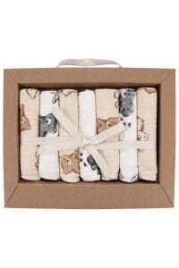 Unisex Ekru Bej Ayı Desenli Raporlu Organik 7'li Ağız Mendili