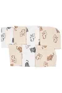 Unisex Ekru Bej Ayı Desenli Raporlu Organik 7'li Ağız Mendili
