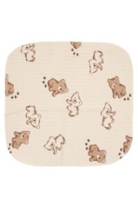 Unisex Ekru Bej Ayı Desenli Raporlu Organik 7'li Ağız Mendili