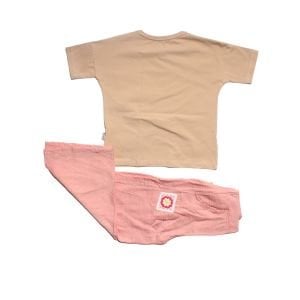 Kız Çocuk Bej Pembe Keten Pantalonlu Papatyalı 2 li Takım