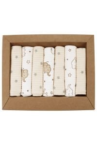 Unisex Ekru Bej Fil Yıldız Desenli Raporlu Organik 7'li Ağız Mendili