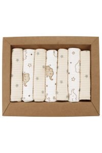 Unisex Ekru Bej Fil Yıldız Desenli Raporlu Organik 7'li Ağız Mendili