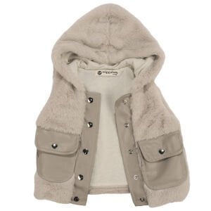 Kız Bebek Ekru Bej Peluş Yelekli Deri Pantalonlu Üçlü Lüks Takım