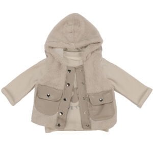 Kız Bebek Ekru Bej Peluş Yelekli Deri Pantalonlu Üçlü Lüks Takım