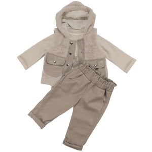 Kız Bebek Ekru Bej Peluş Yelekli Deri Pantalonlu Üçlü Lüks Takım