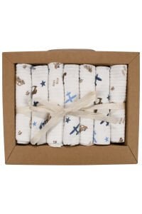 Erkek Bebek Ekru Mavi Uçak Yıldız Desenli Raporlu Organik 7'li Ağız Mendili