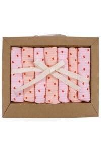 Kız Bebek Pembe Somon Kırmızı Kalp Desenli Raporlu Organik 7'li Ağız Mendili