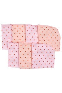 Kız Bebek Pembe Somon Kırmızı Kalp Desenli Raporlu Organik 7'li Ağız Mendili
