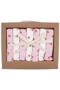 Kız Bebek Ekru Pembe Kırmızı Kiraz Desenli Organik 7'li Ağız Mendili