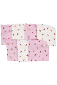 Kız Bebek Ekru Pembe Kırmızı Kiraz Desenli Organik 7'li Ağız Mendili
