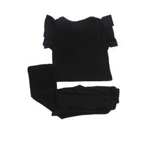 Kız Çocuk Siyah Lila Papatya Nakışlı Bürümcük Pantolonlu 2'Li Takım