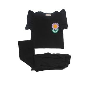 Kız Çocuk Siyah Lila Papatya Nakışlı Bürümcük Pantolonlu 2'Li Takım