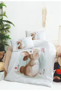 Kız Bebek Ekru Kahve Tavşan Desenli Bebek Nevresim Takımı 100x150cm