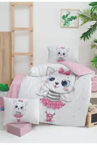 Kız Bebek Ekru Pembe Kedi Desenli Bebek Nevresim Takımı 100x150cm