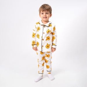 Unisex Ekru Sarı Ayıcık Desenli Kruvaze Yaka Pijama Takımı